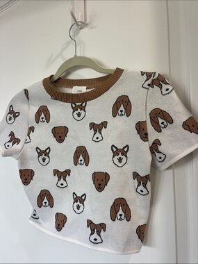 EUC Luna Ivy tan and brown dog pattern, crewneck short sleeve sweater M/L